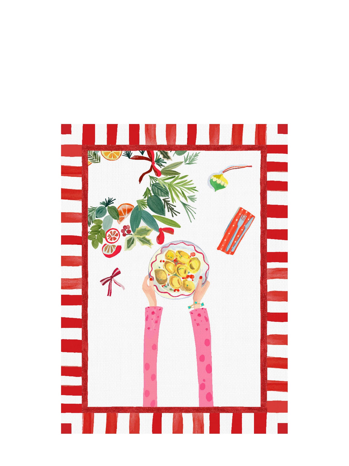 Hand on xmas kitchen towel, tortellini