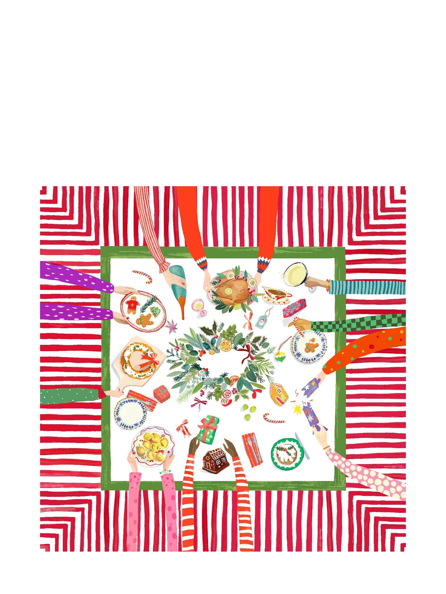 Hand on xmas tablecloth, square