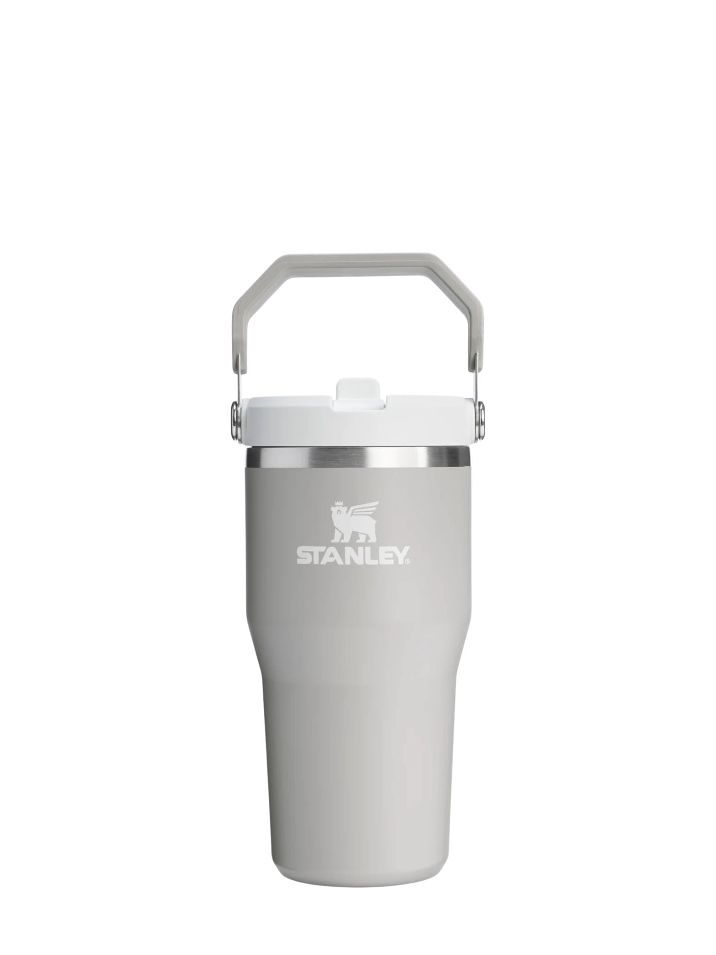 Gray Stanley tumbler with a white lid on a white background