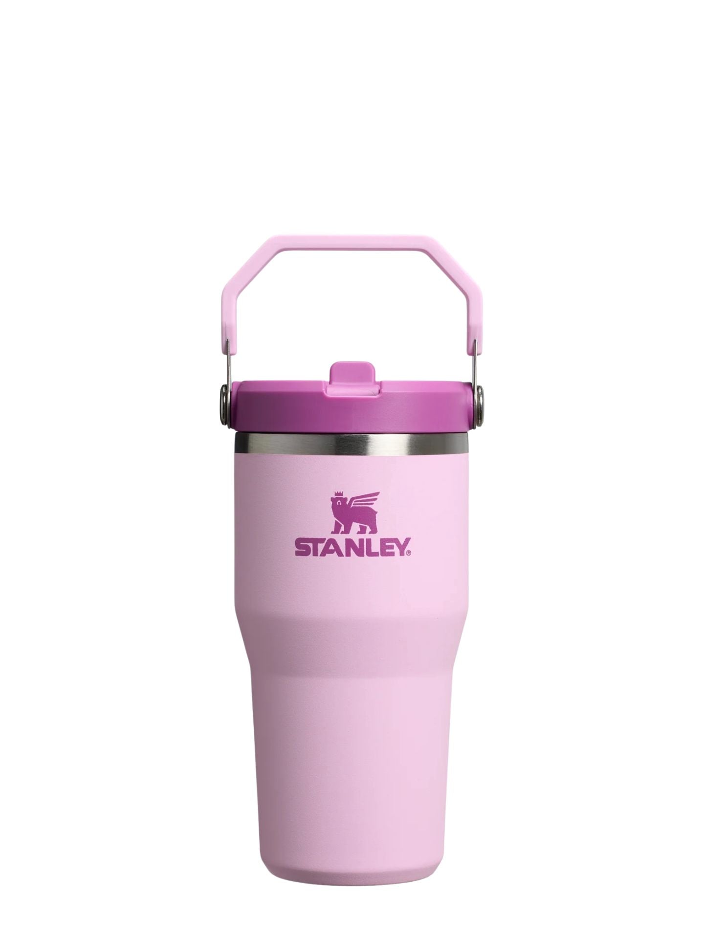 Pink Stanley tumbler with a handle on a white background