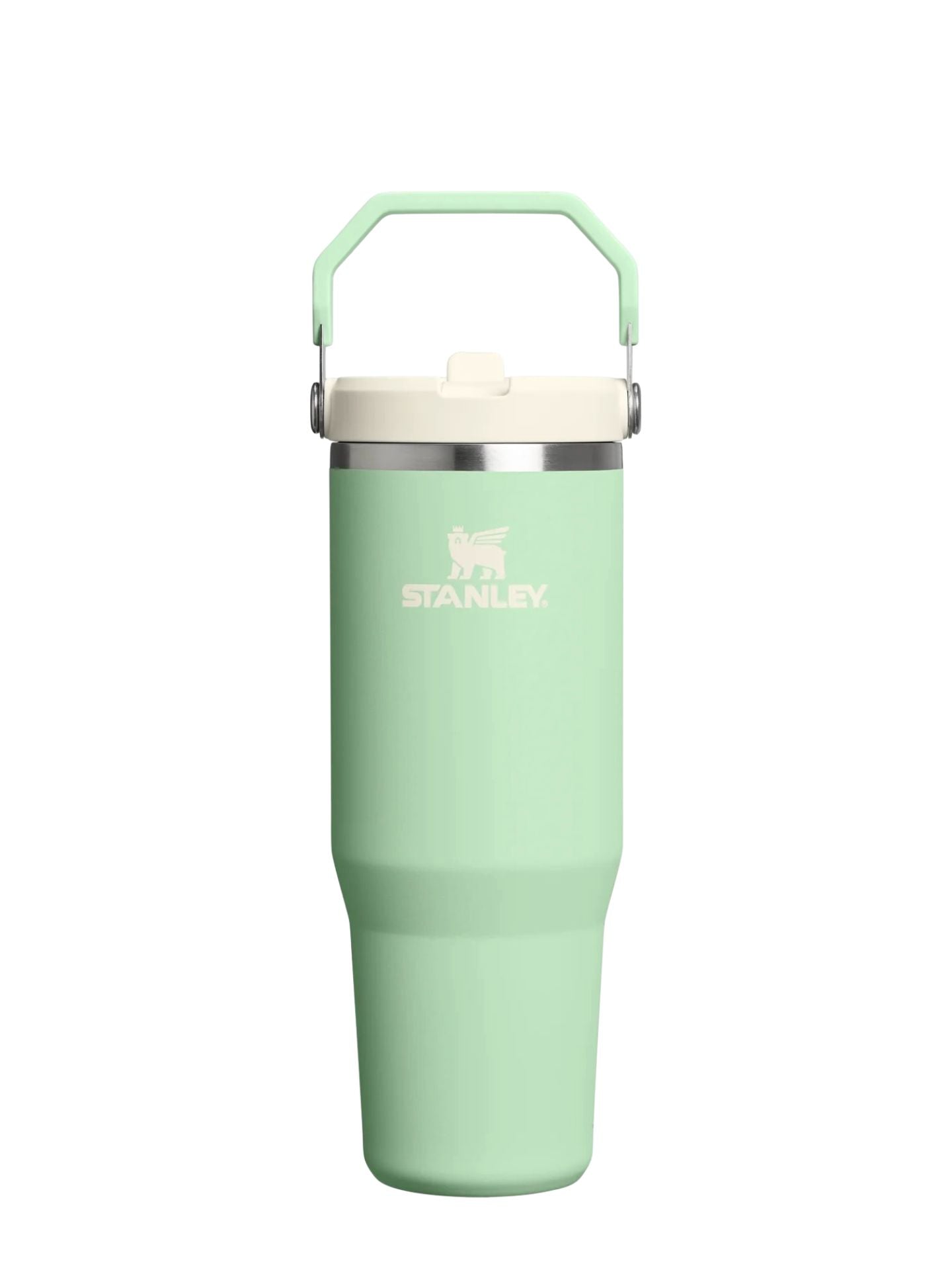 Green Stanley tumbler with a white handle on a white background