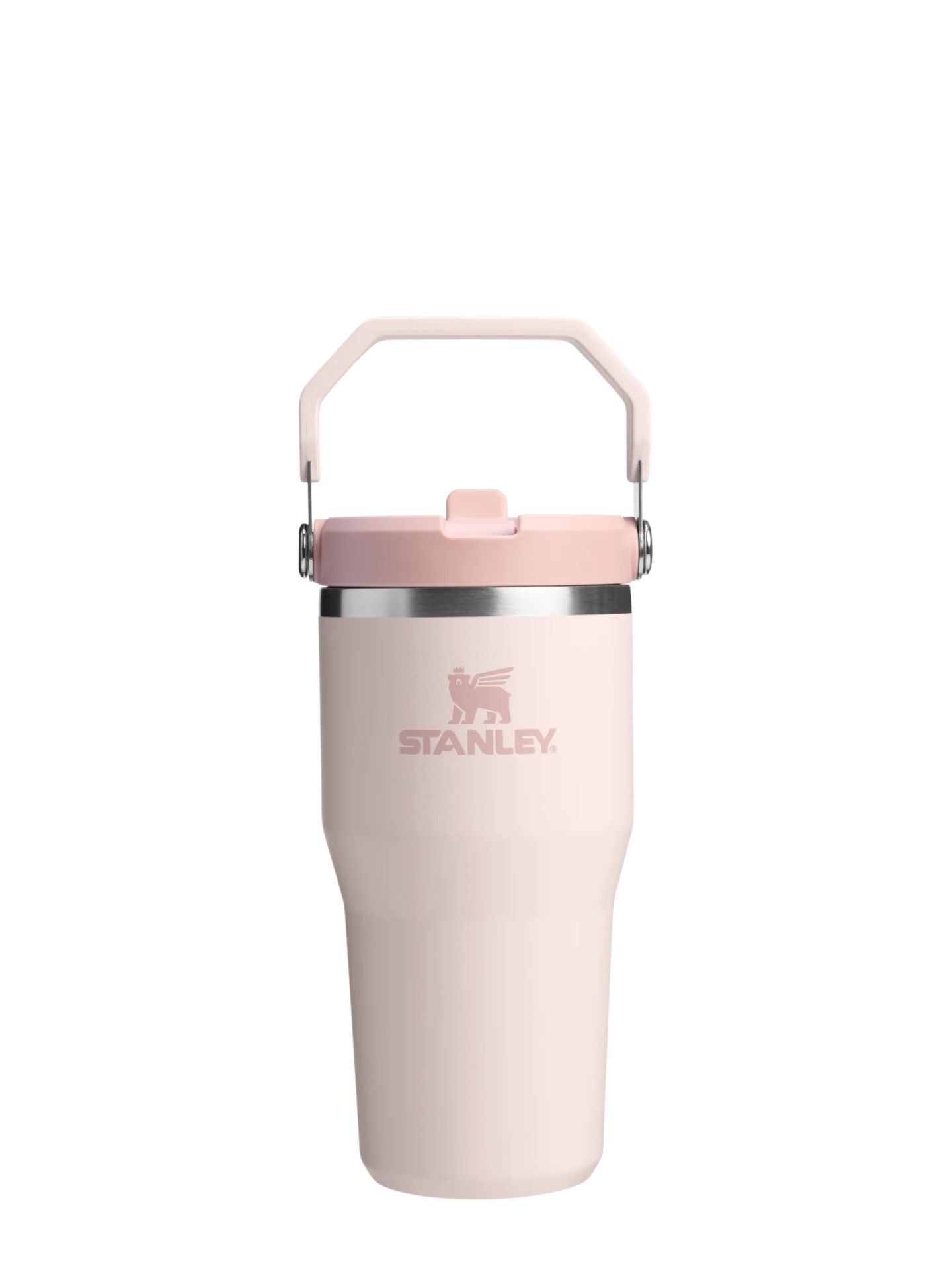 Pink Stanley tumbler on a white background