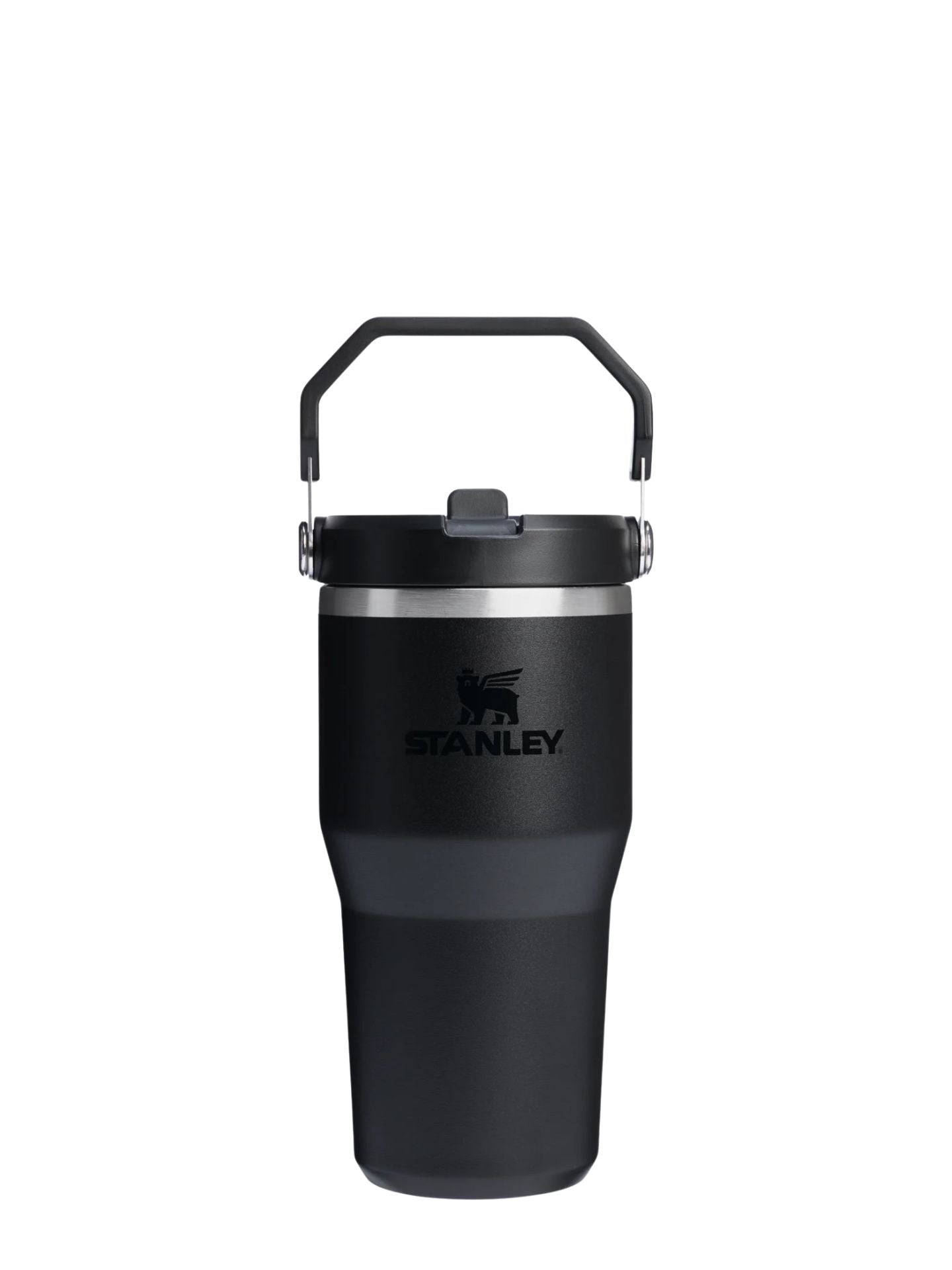Black Stanley insulated mug with handle on a white background