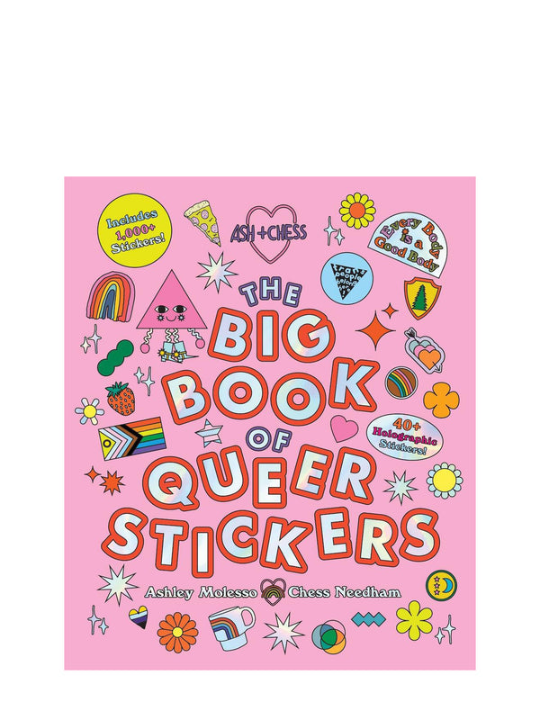The cover of 'The Big Book of Queer Stickers' featuring a colorful design with various stickers, including rainbows, hearts, and text, on a pink background.