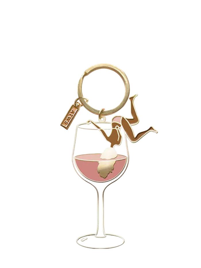 Keychain with a design of a person diving to a wine glass 