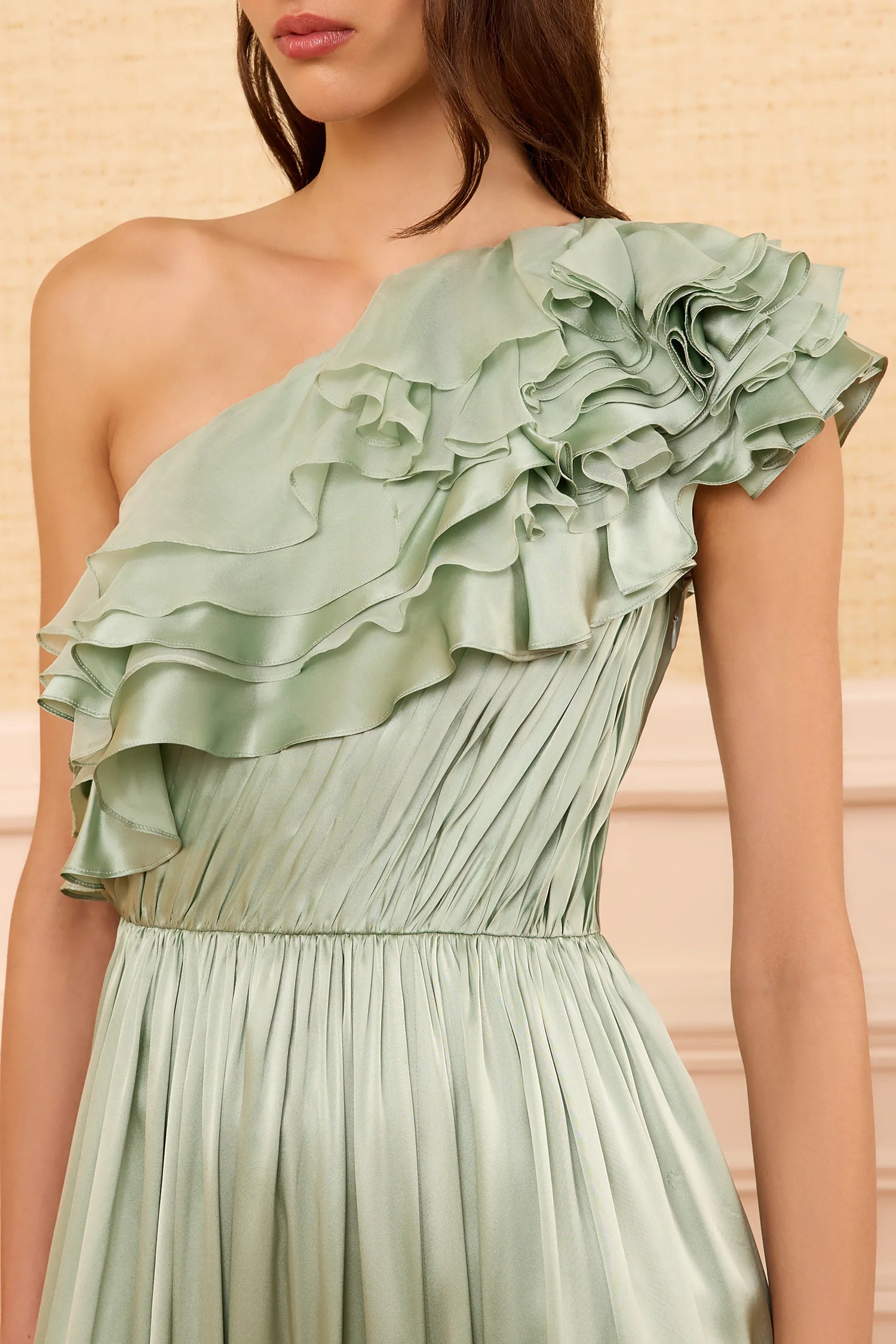 Avalina ruffled silk one shouder gown, Celadon
