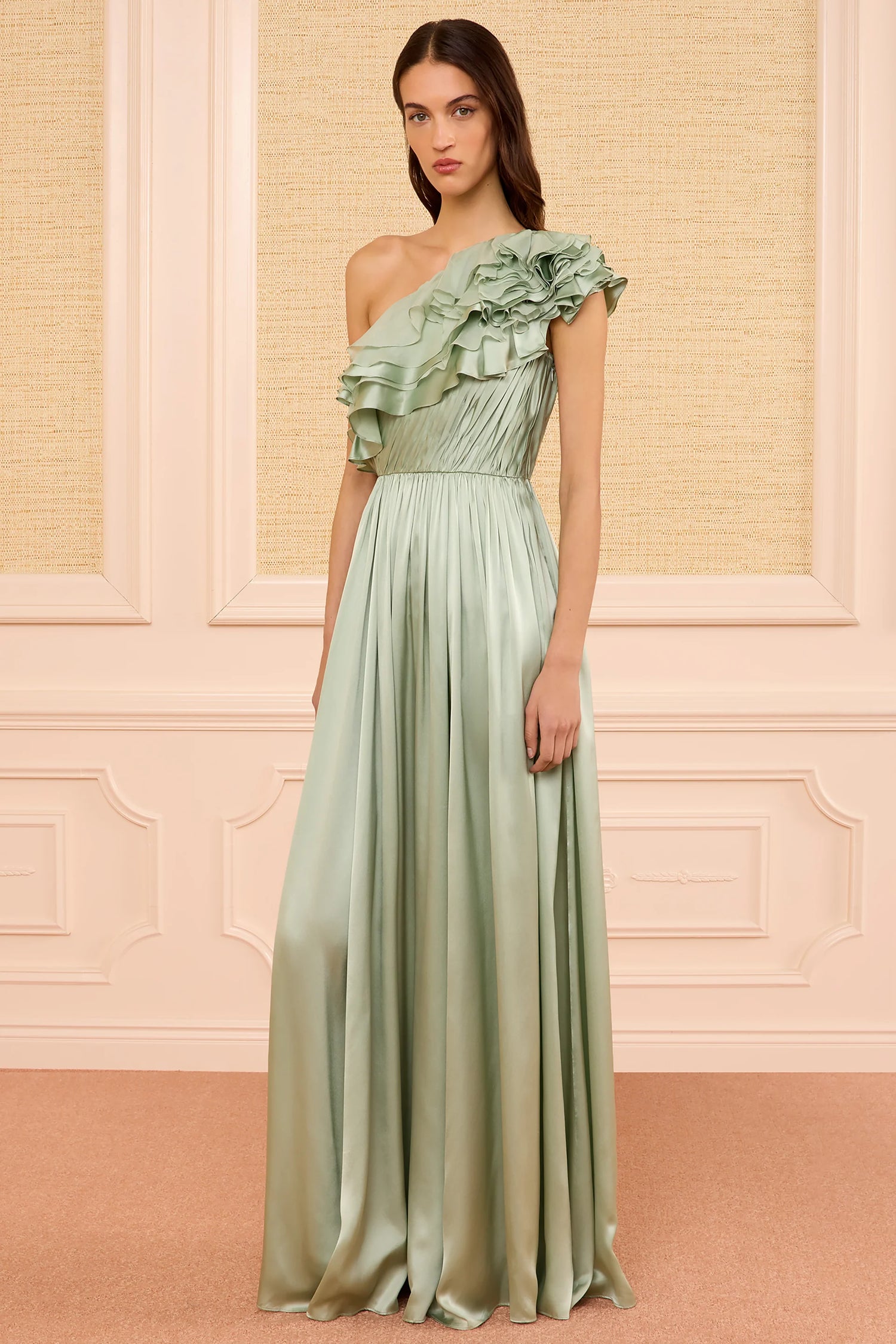 Avalina ruffled silk one shouder gown, Celadon