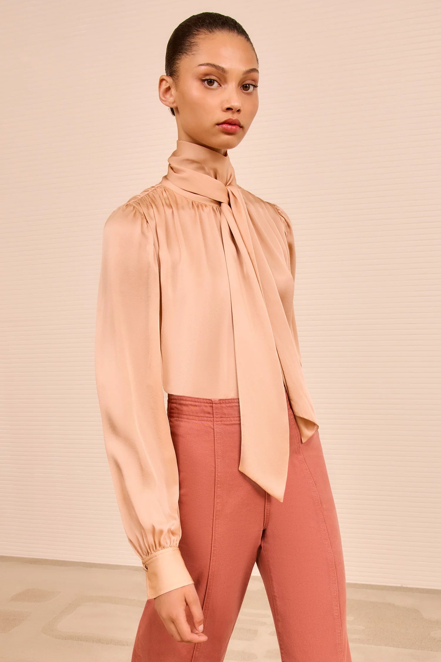 Ornament tie neck silk blouse, peachy sand