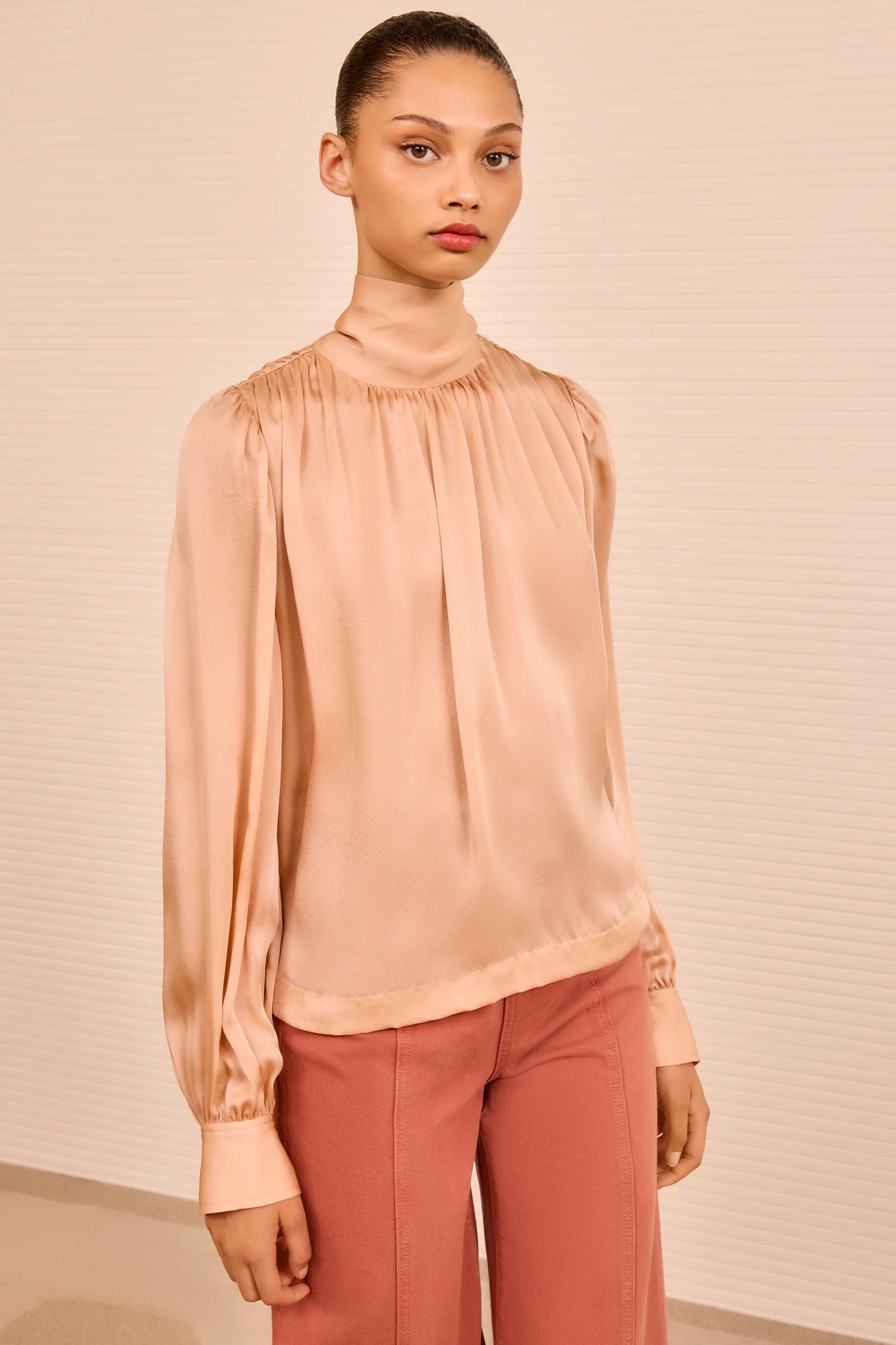 Ornament tie neck silk blouse, peachy sand