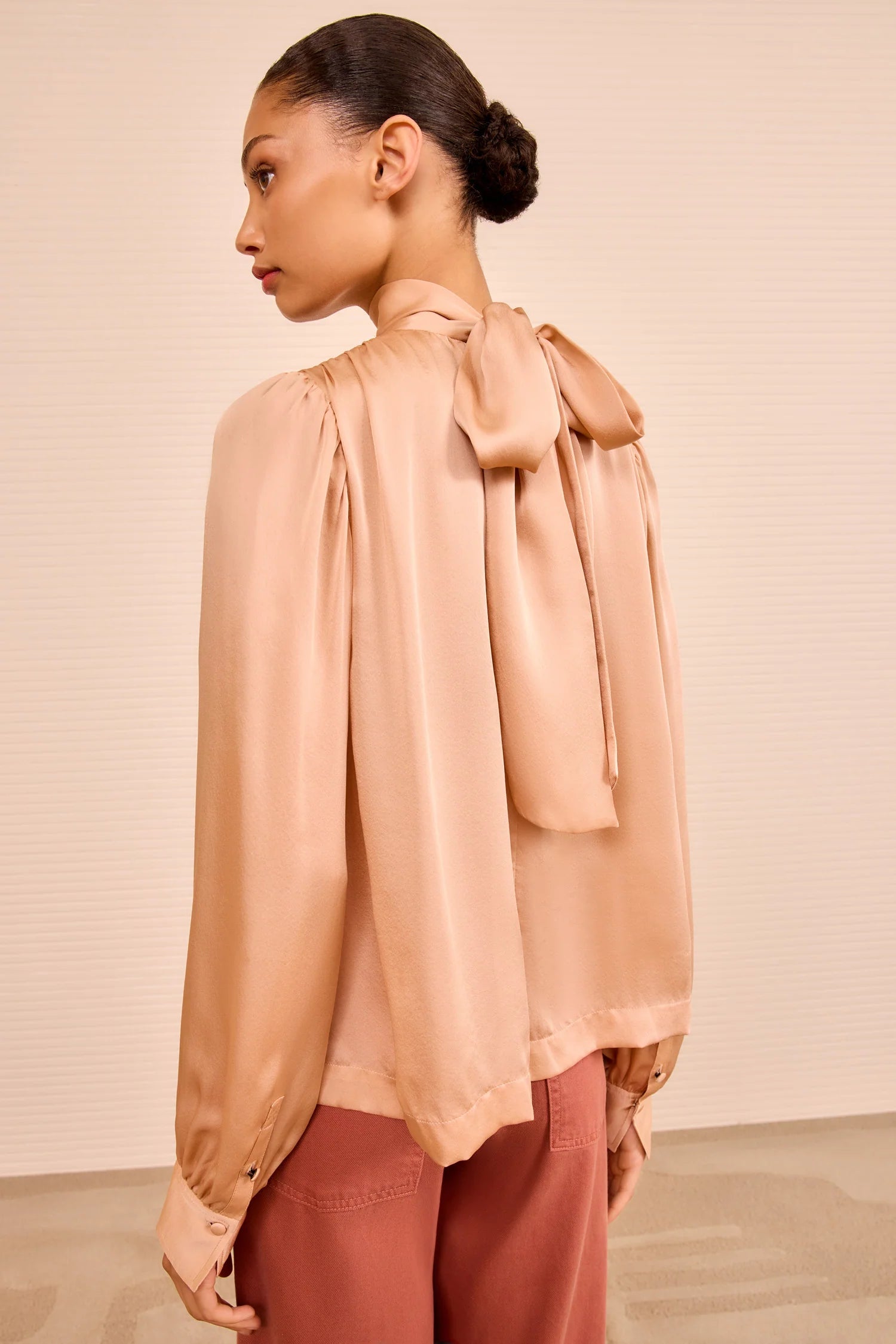 Ornament tie neck silk blouse, peachy sand