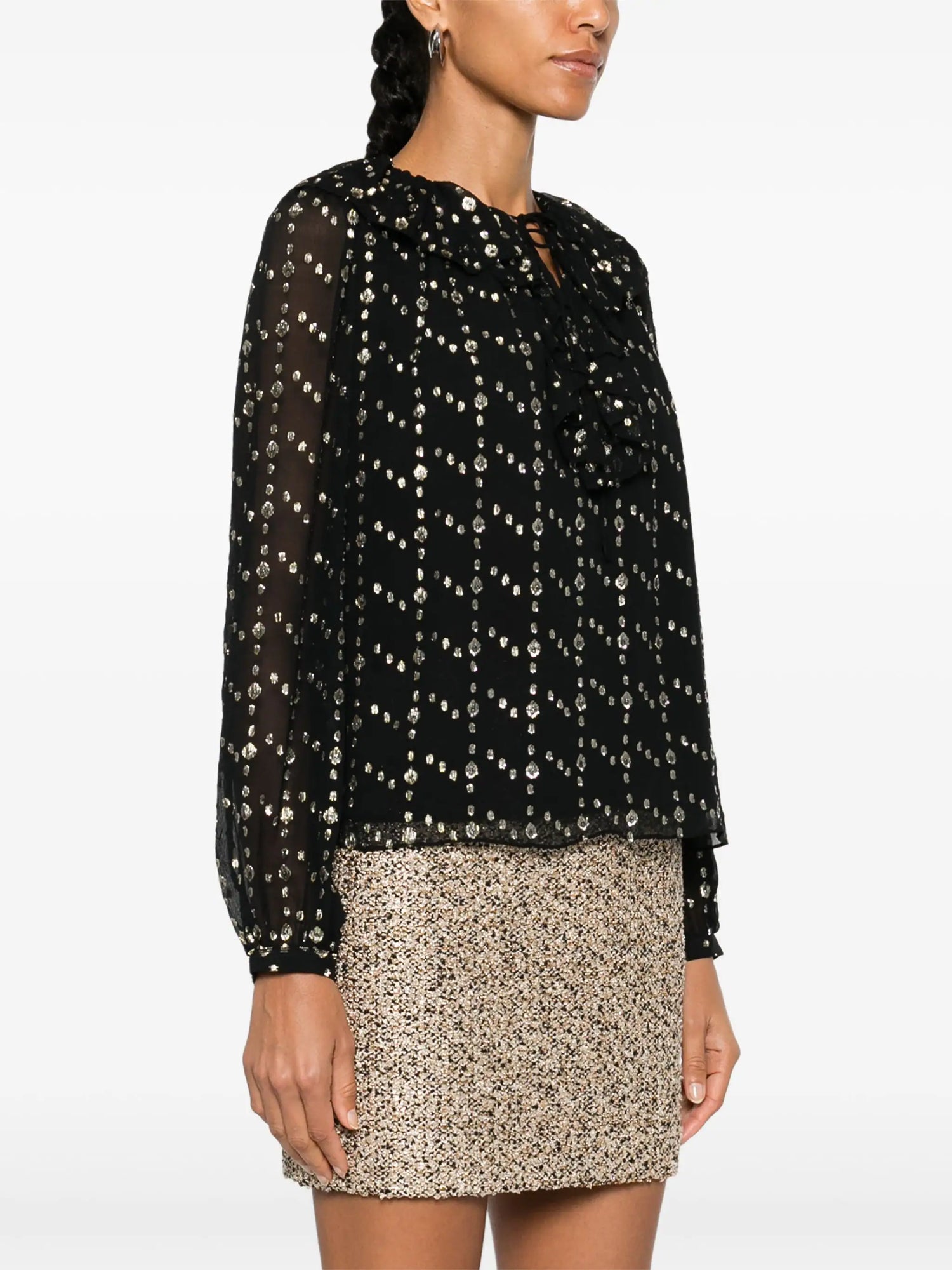 Emilie silk blouse, black-gold cosmos print