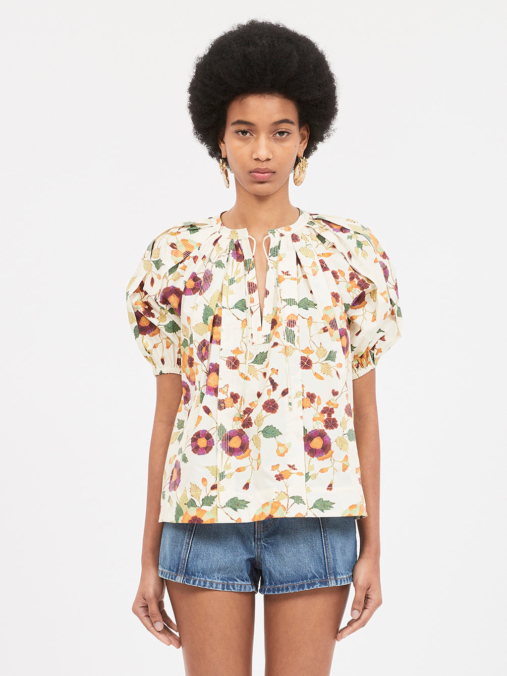 Loli Top, white iris blossom batik print