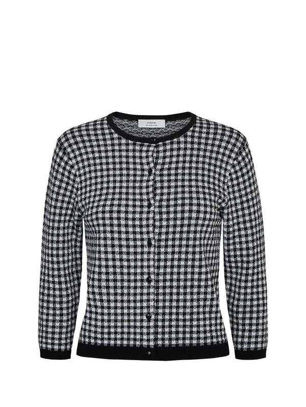Gingham 3/4 sleeve knitted cardigan, black/white