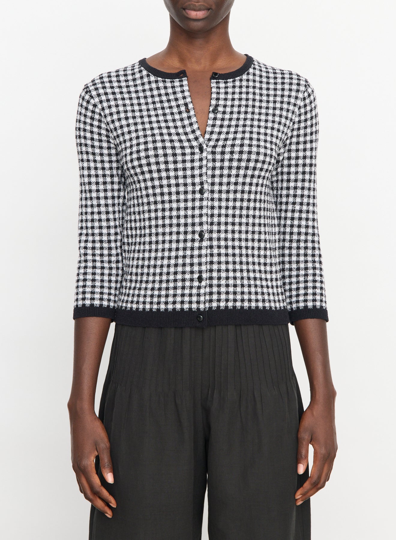 Gingham 3/4 sleeve cardi, black/white