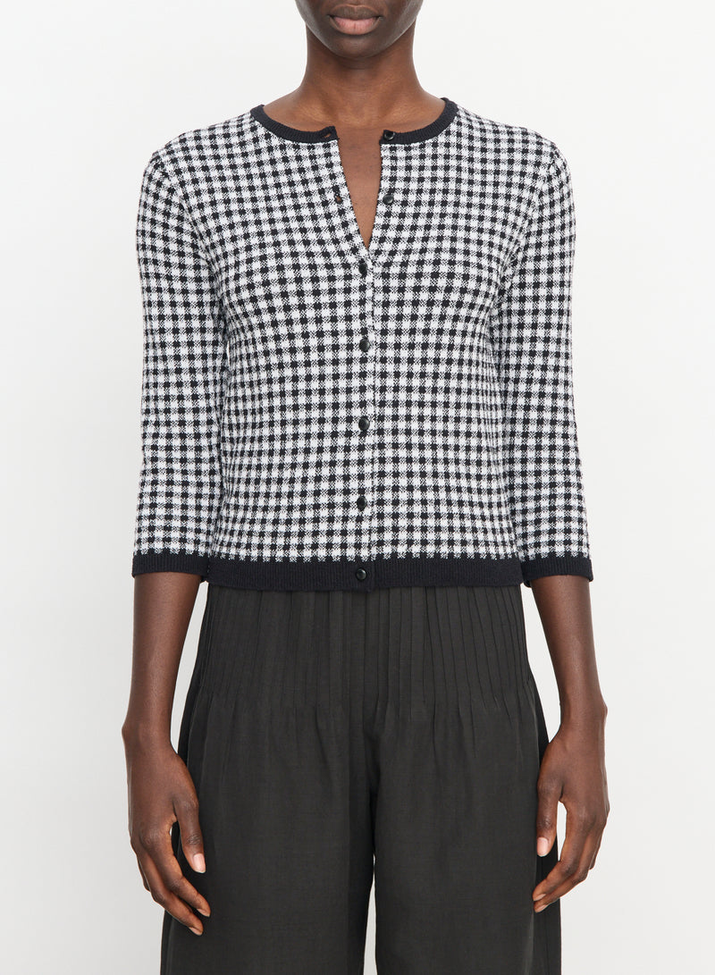 Gingham 3/4 sleeve knitted cardigan, black/white