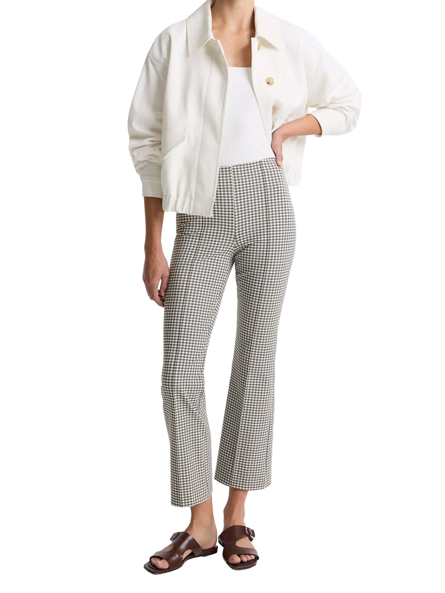Niki mid rise gingham crop flare pants, khaki-white