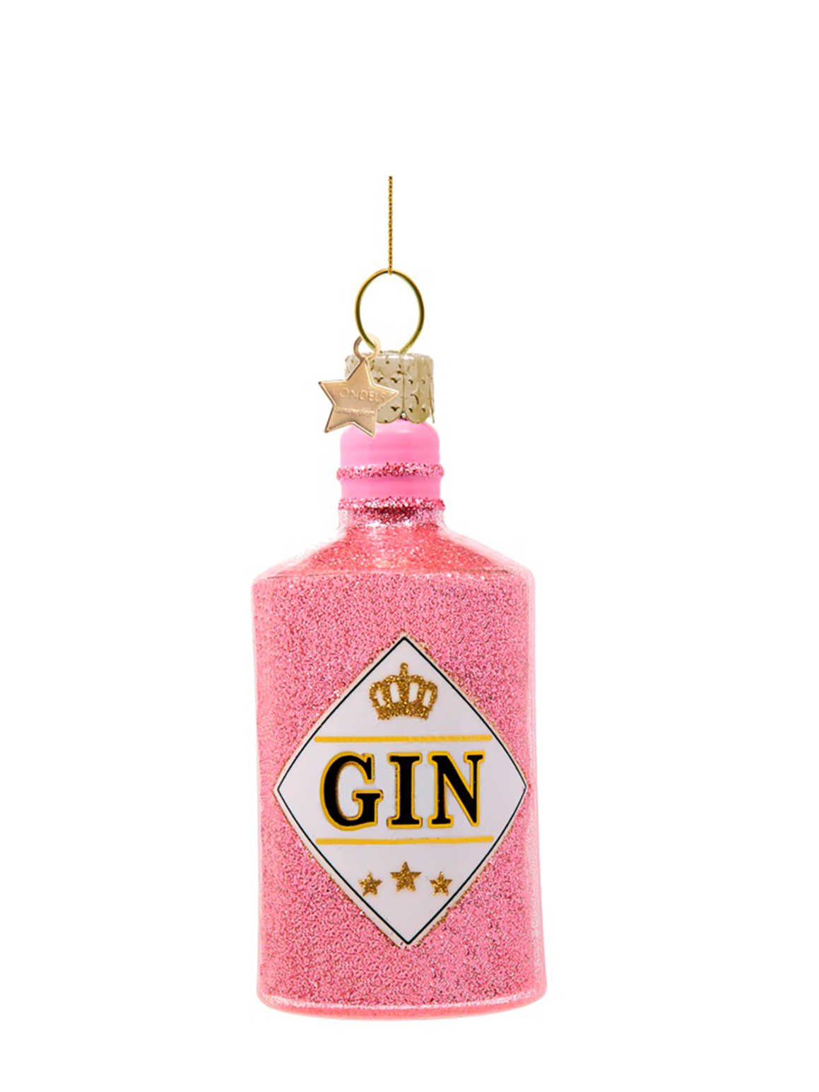 Gin bottle glass ornament, pink (10cm)