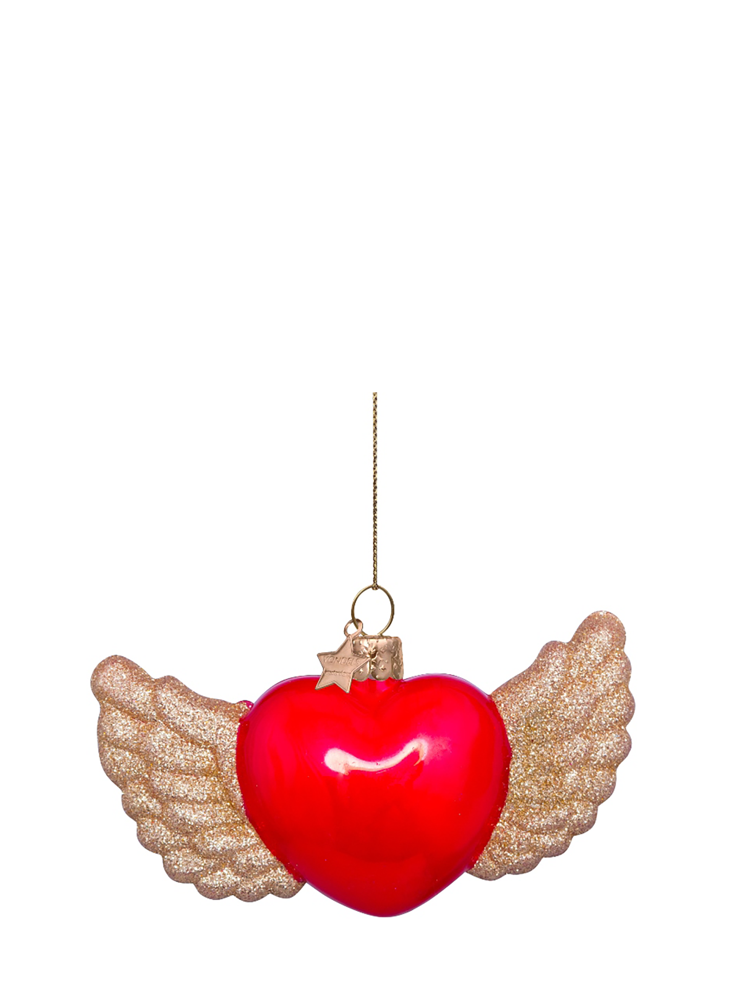 Heart with gold wings glass ornament, red opal