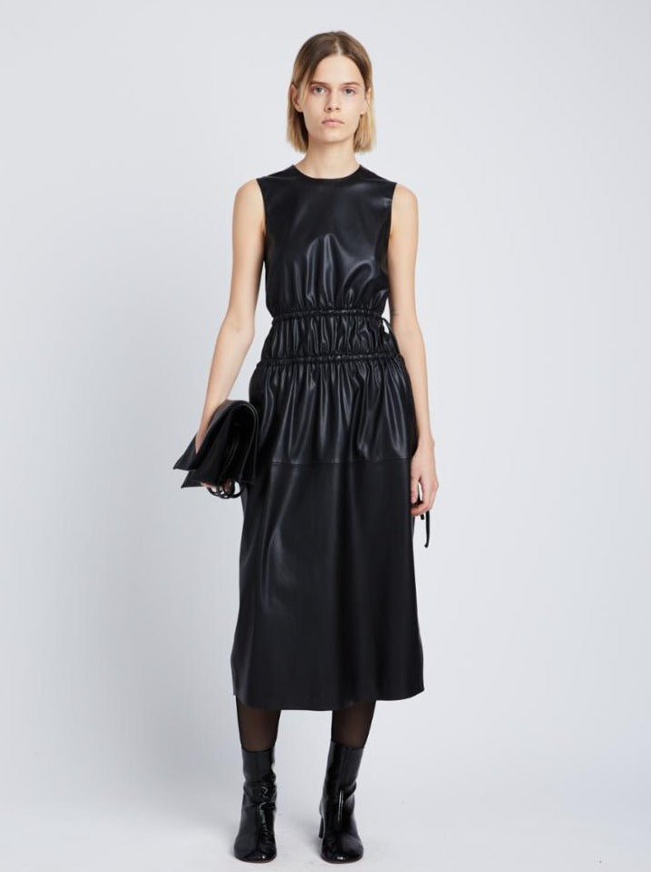 Faux leather drawstring dress, black