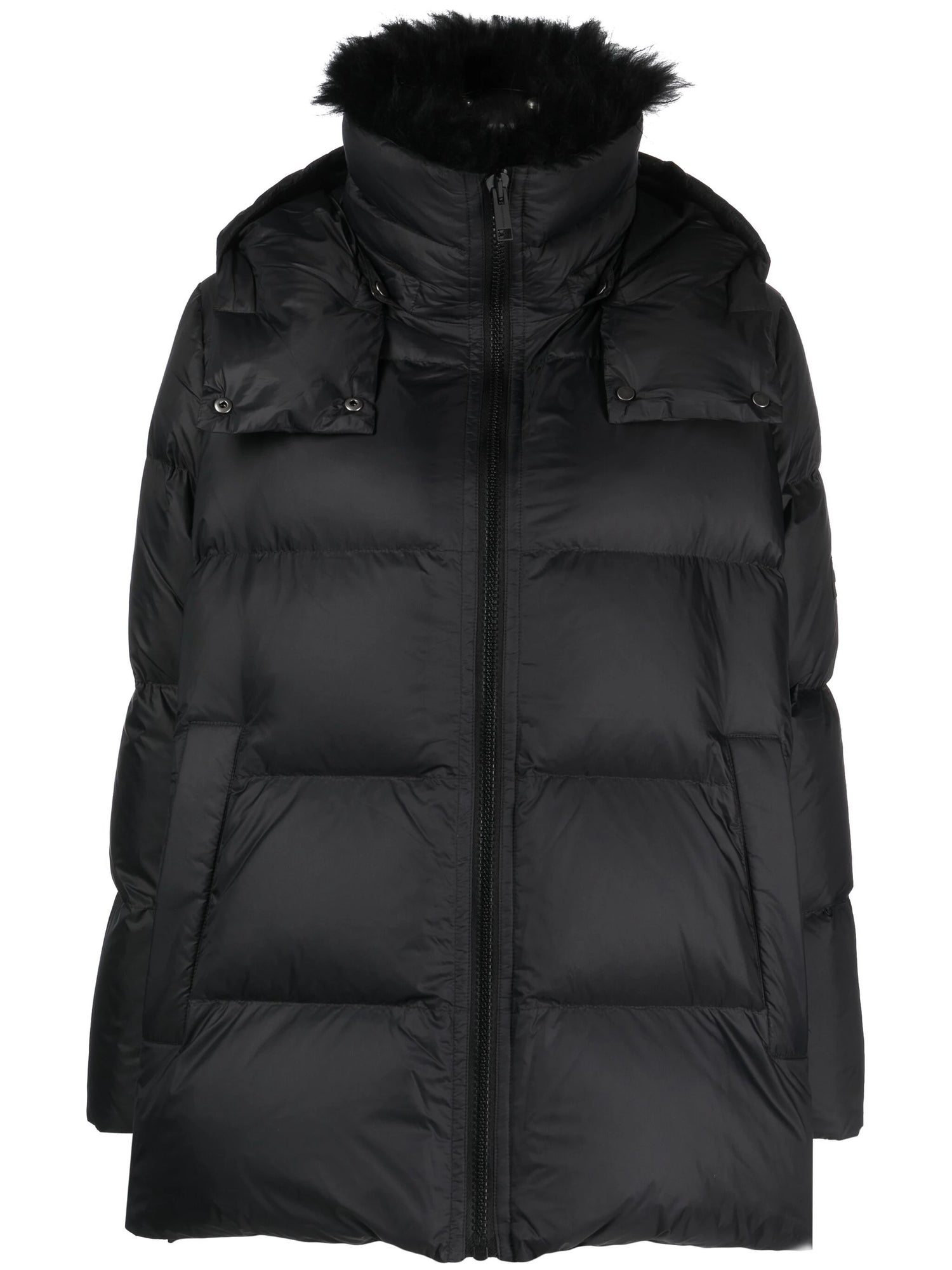 A black, padded down coat with a quilted design, featuring a stand-up collar, a detachable hood, front zip fastening, and long sleeves with side pockets.