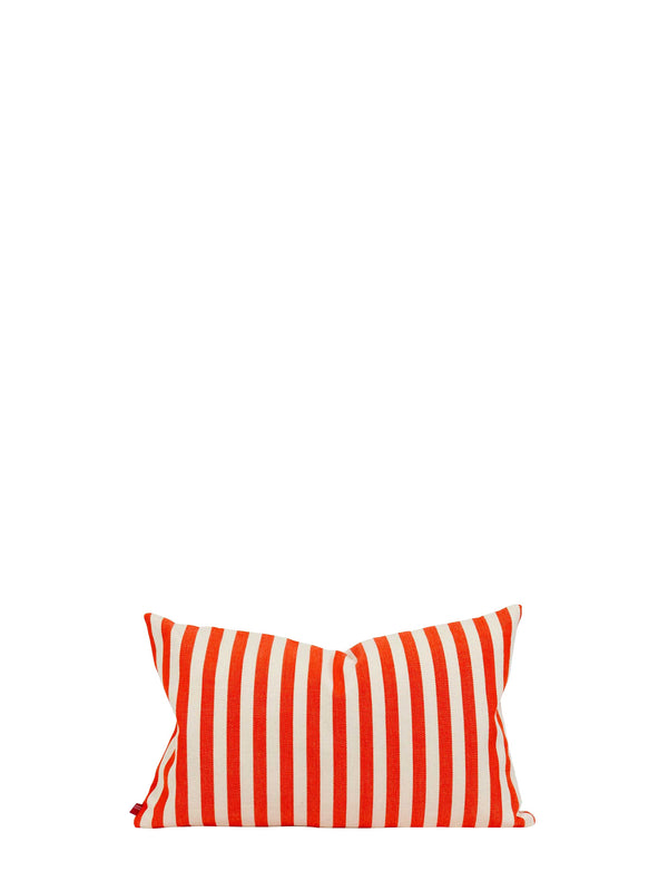 Orange and white striped pillow on a white background