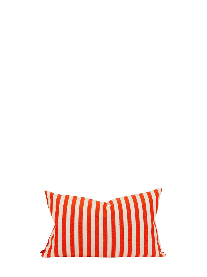 Orange and white striped pillow on a white background