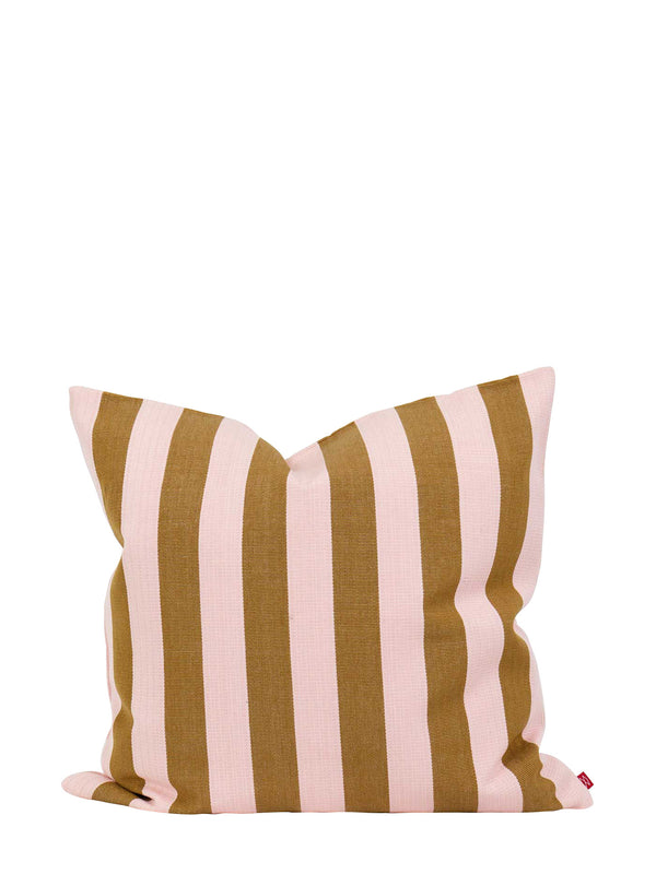 Striped pillow with brown and pink vertical stripes on a white background