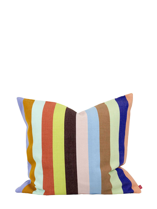 Multicolored striped pillow on a white background