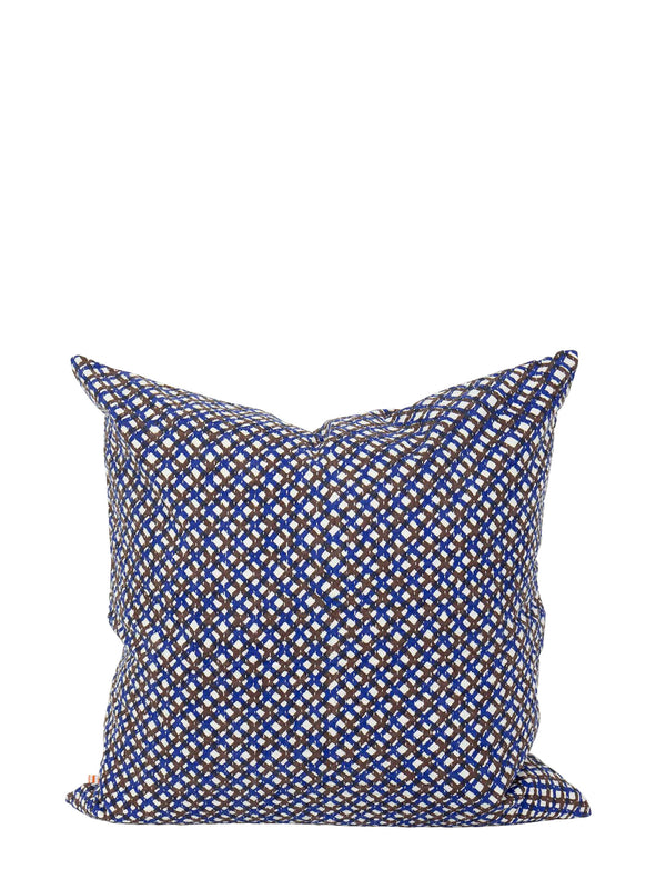 Decorative pillow with blue and white checkered pattern on a white background