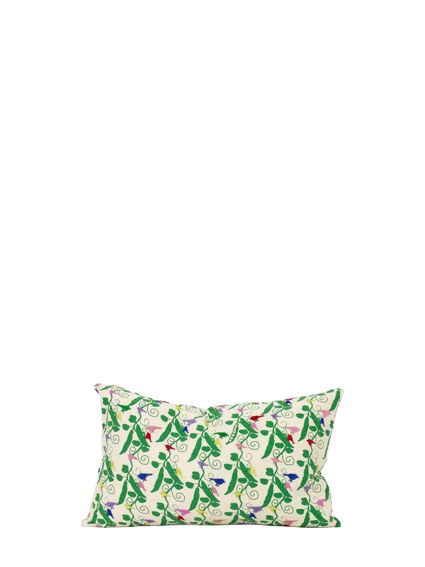 Peas & birds embroidered small cushion cover, green (30x50 cm)
