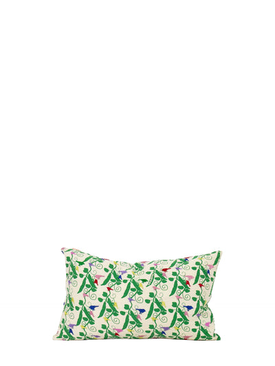 Peas & birds embroidered small cushion cover, green (30x50 cm)