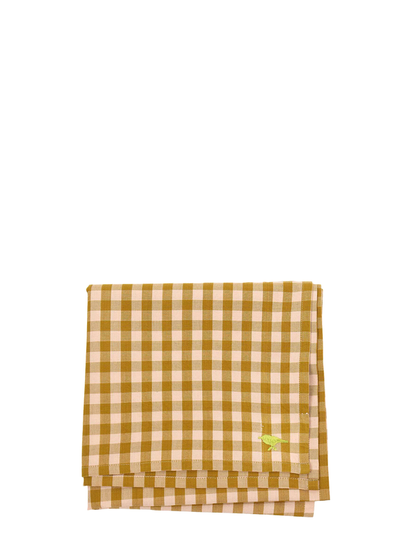 Folded checkered tea towel with a small logo on a white background