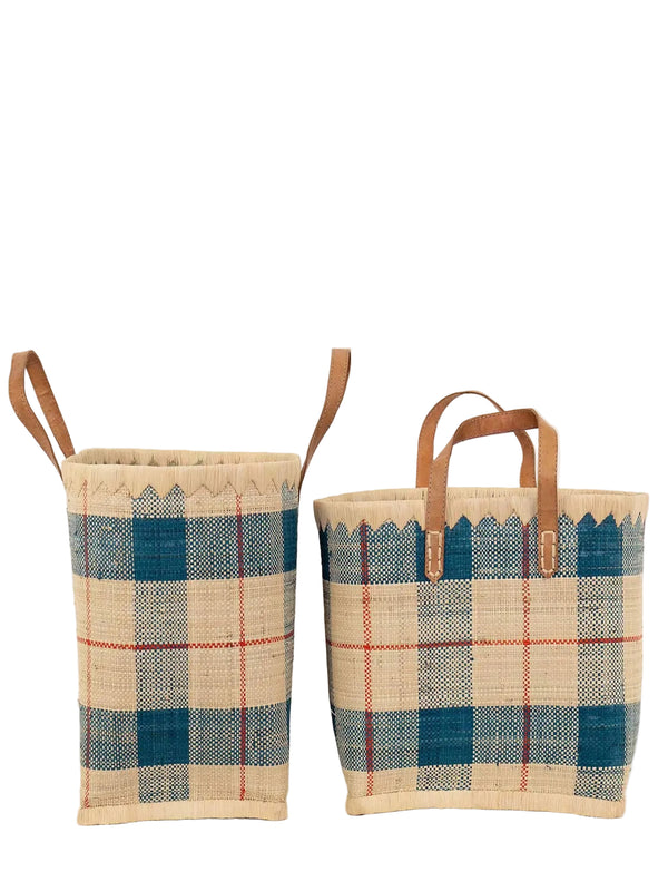 Checkered raffia bag, blue/nature, 2 sizes