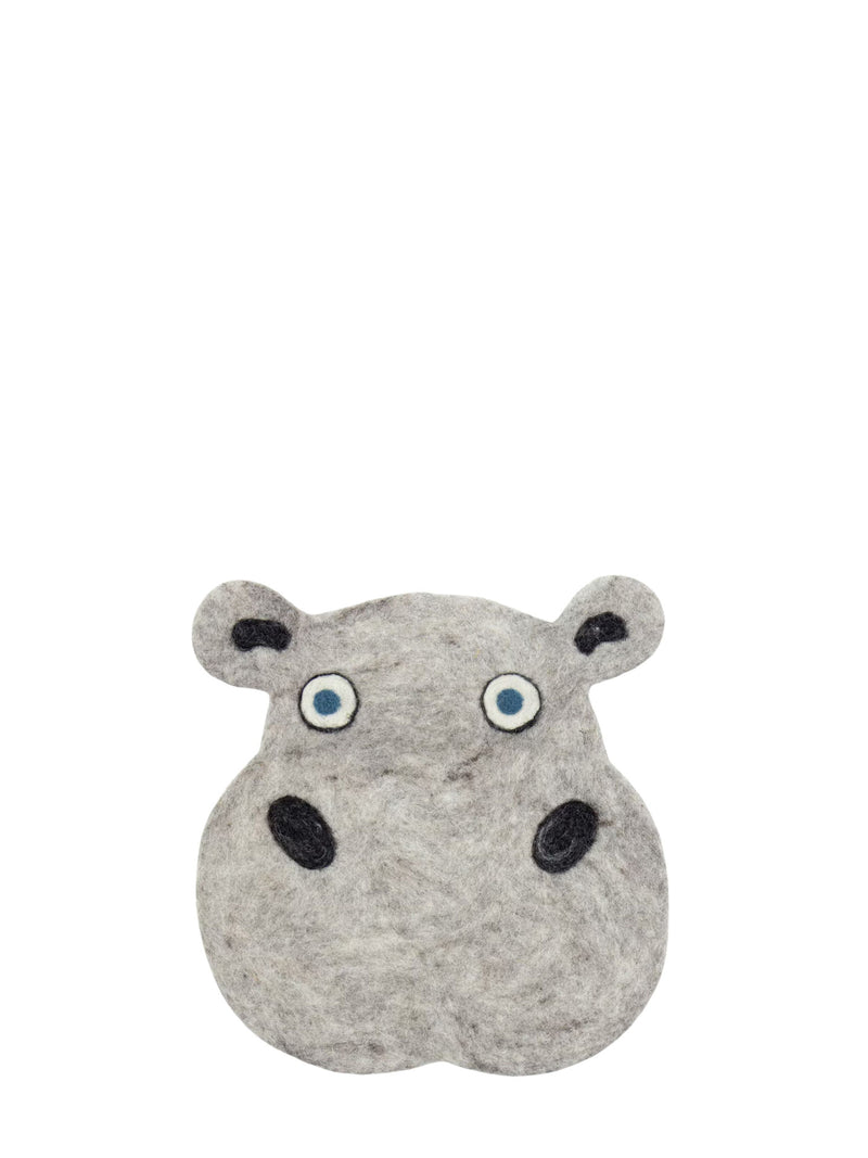 Grey hippo head shaped seating pad with small ears and blue eyes on a white background