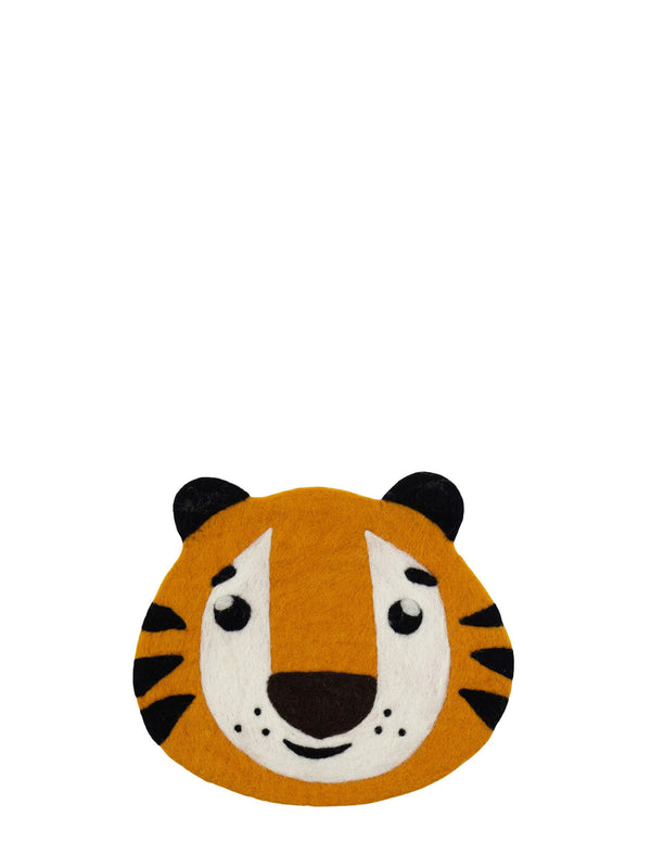 Friendly tiger face shaped felted seating pad on a white background