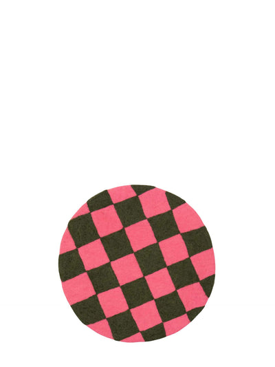 Chess felted wool seat pad, coral/dark green