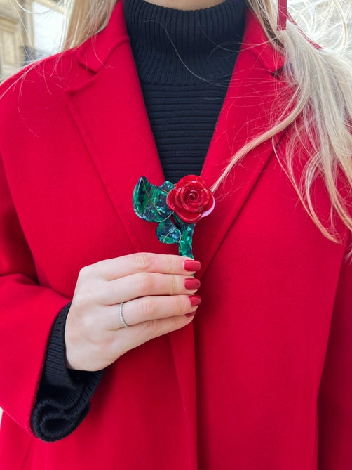 Origami red rose stem hair claw clip