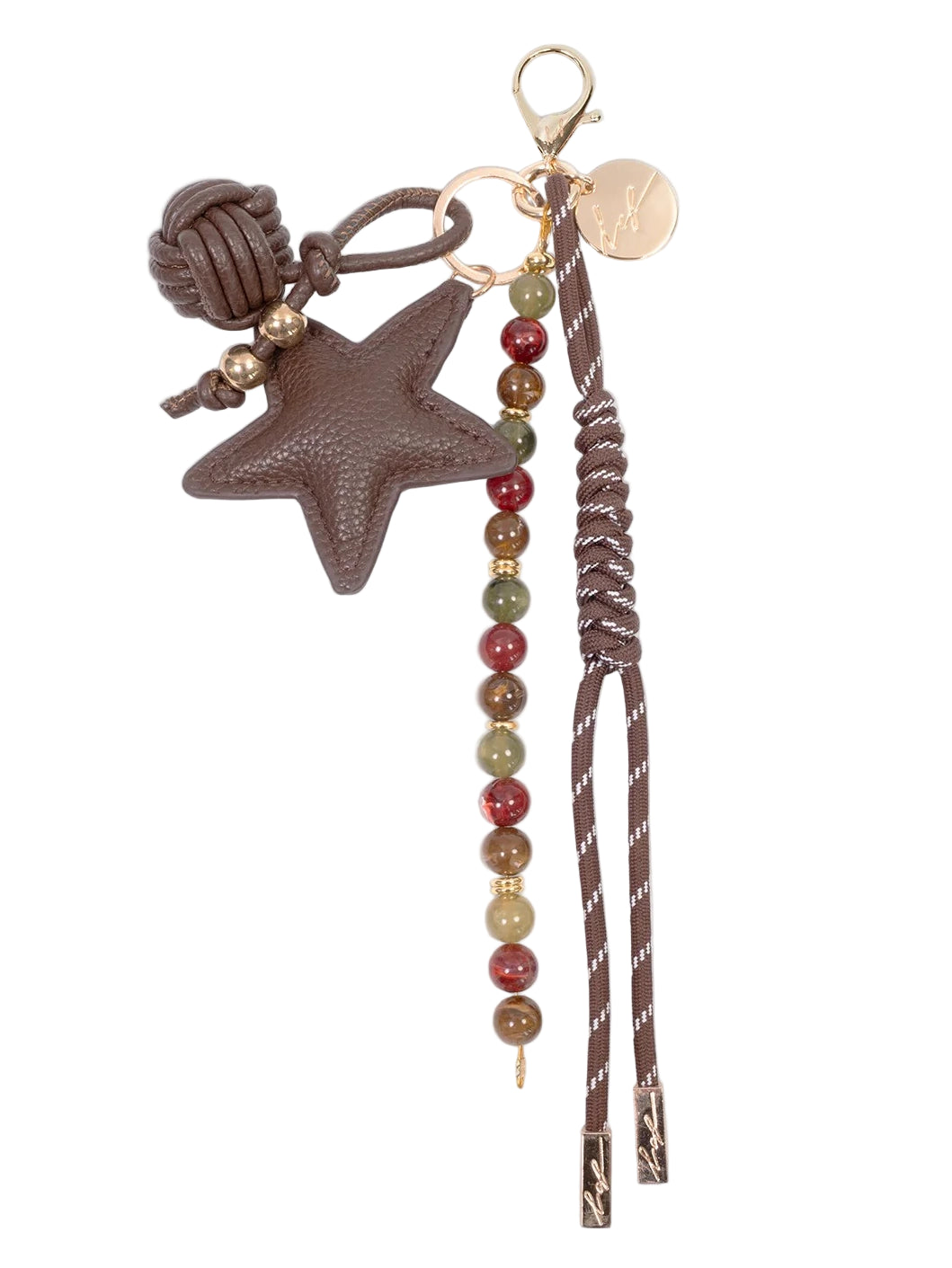 Keychain with star-shaped charm, knotted leather strap, and beaded extension on a white background
