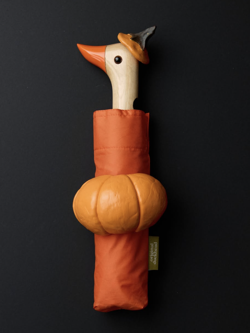 A decorative umbrella handle shaped like a duck head with an orange beak and hat, funny halloween suit of umbrella