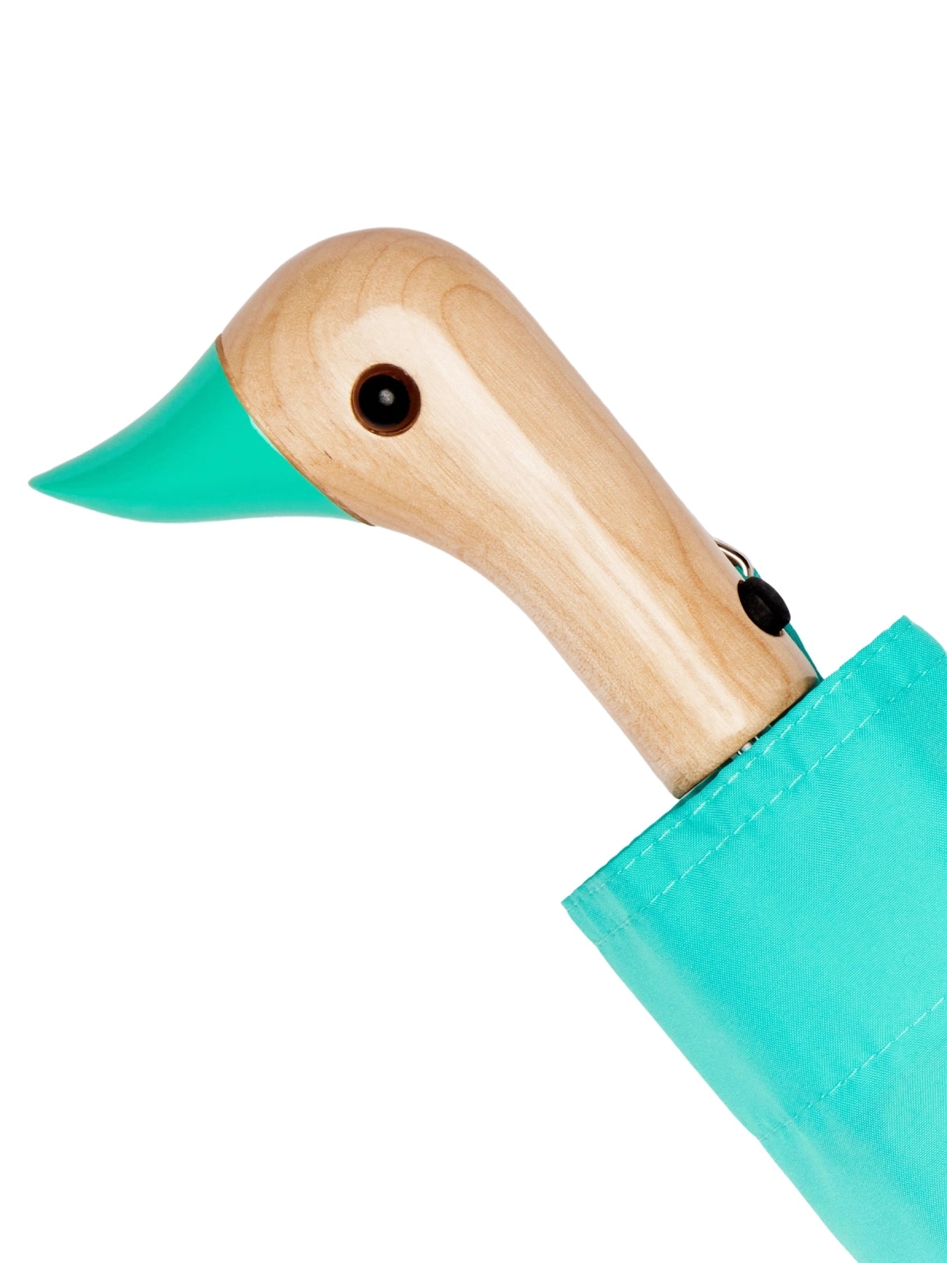 Mint umbrella with wooden duck head design on a white background