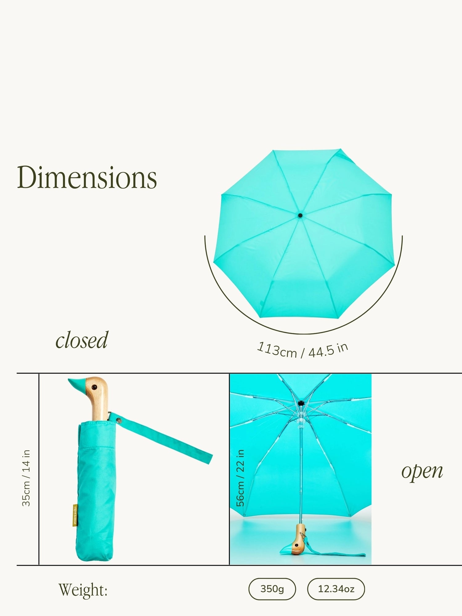 Mint umbrella with dimensions labeled on a white background