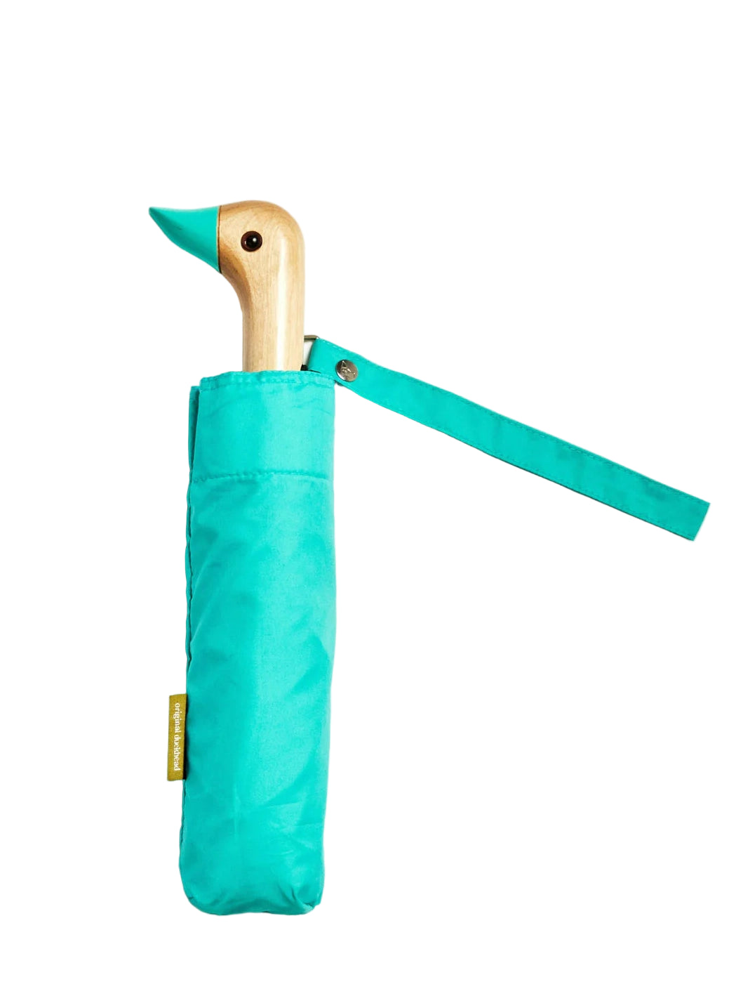Teal umbrella with duck-shaped handle on a white background