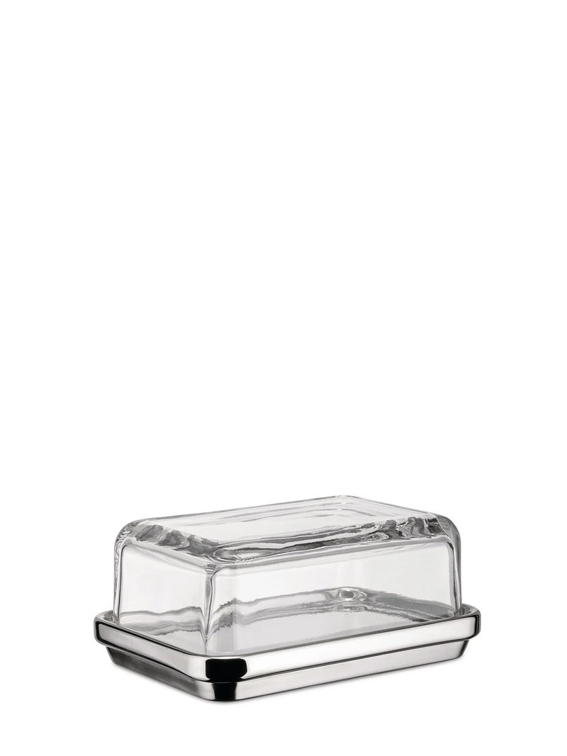 A clear glass butter dish with a polished silver metal base, shown on a solid white background.