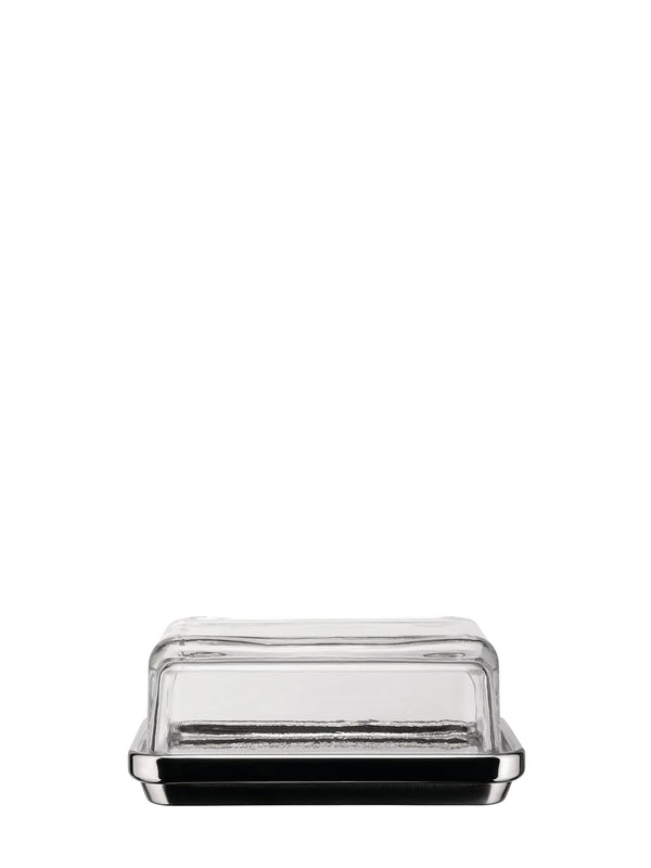A clear glass butter dish made fro stainless steel base with silver metal trim, and a glass top shown from a front-facing perspective on a solid white background.