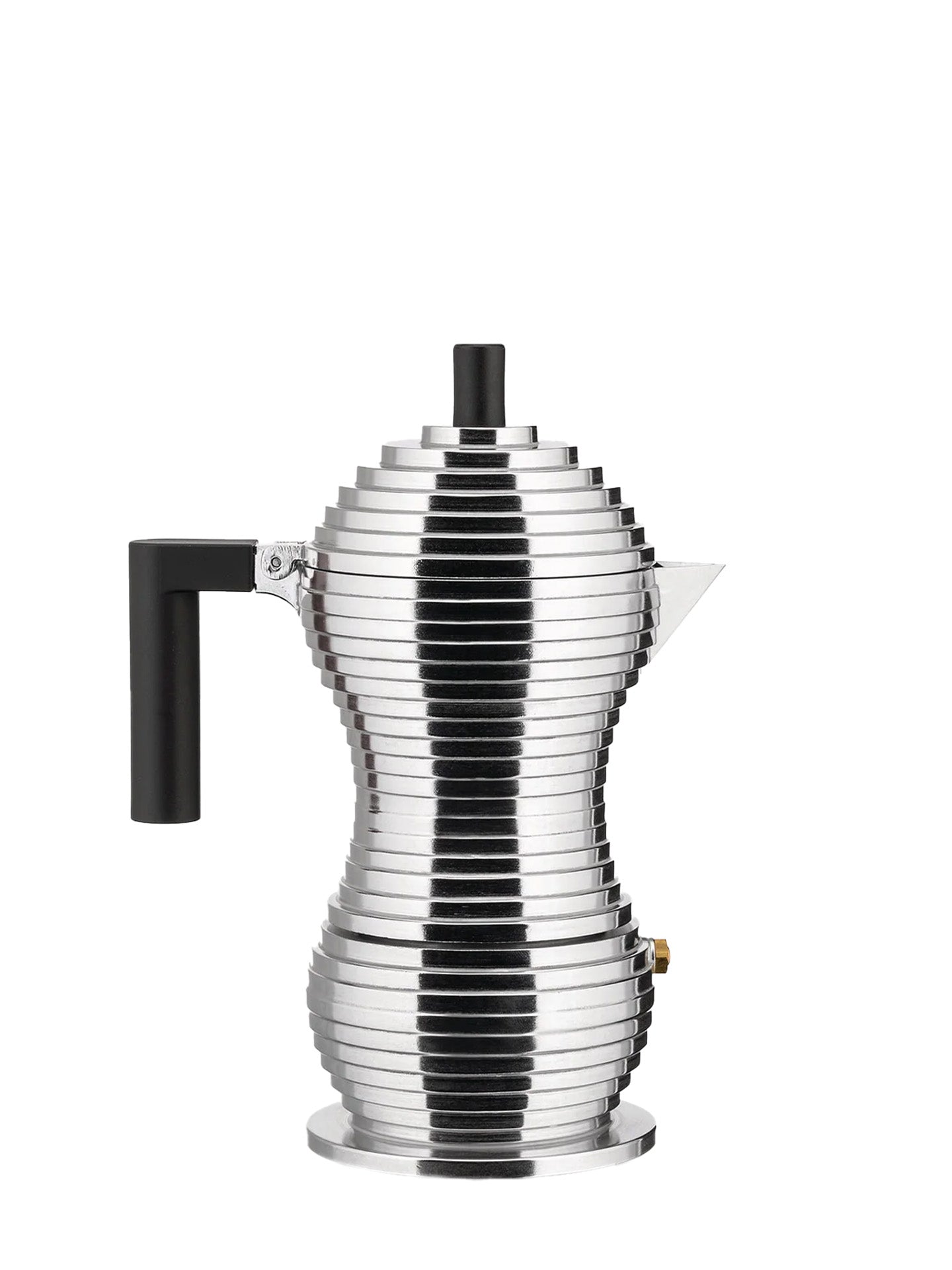 Silver and black ribbed coffee percolator on a white background