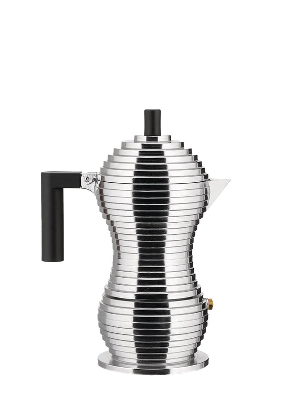 Silver and black ribbed coffee percolator on a white background