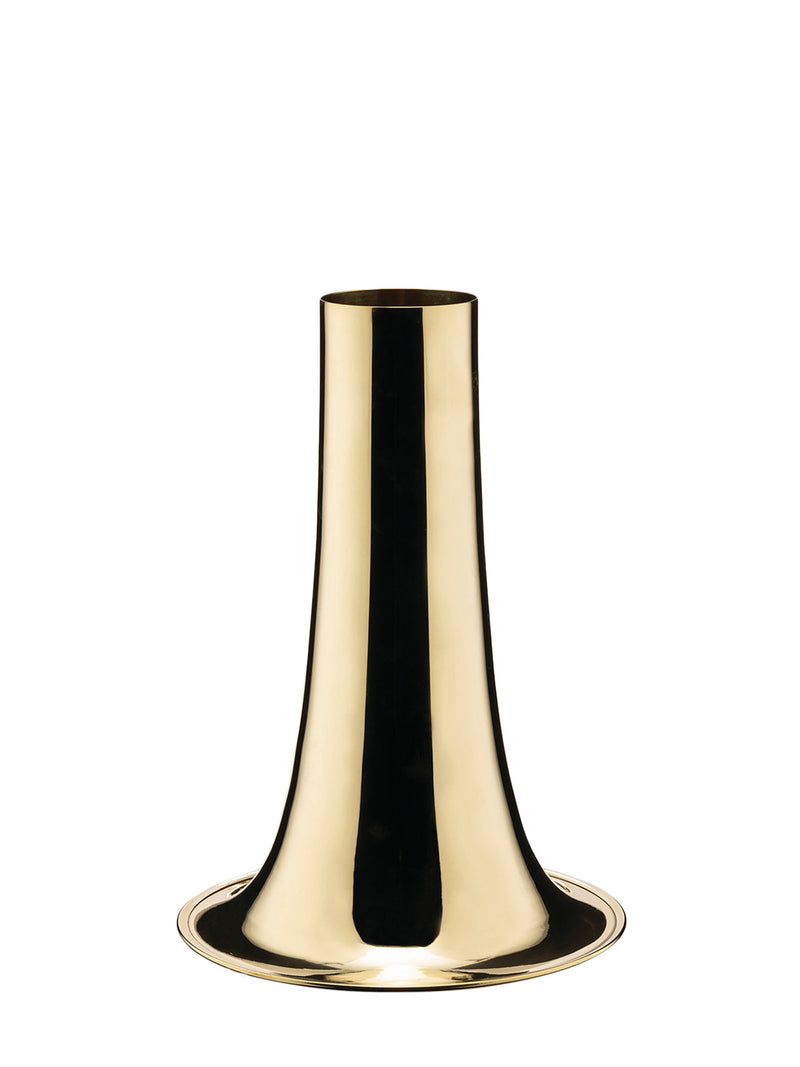 A polished brass trumpet-shaped flower vase with a flared base, shown on a solid white background.