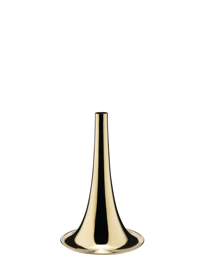A polished gold brass horn-shaped vessel  with a slim neck and rim and a flared base, shown on a solid white background.