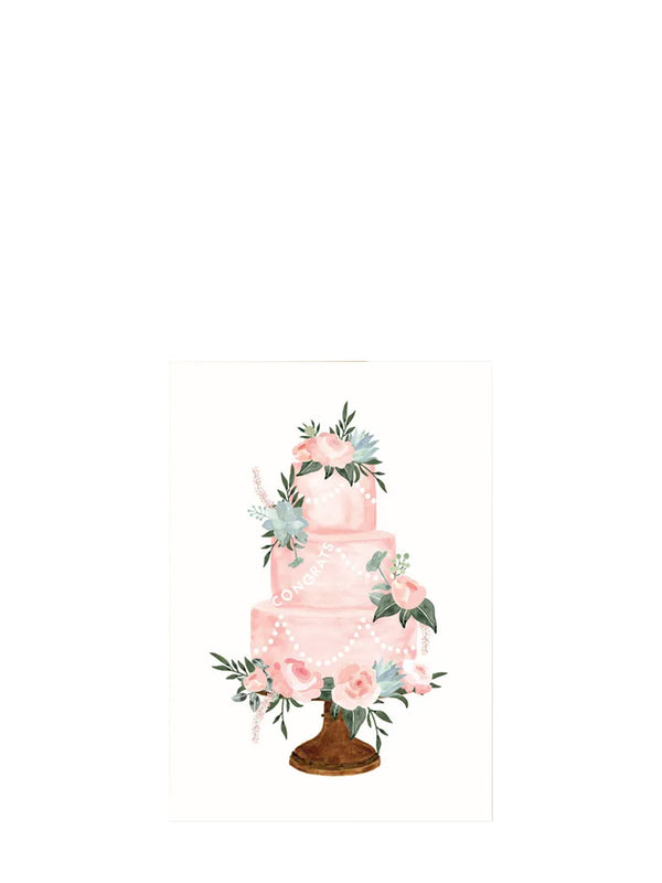 Congrats is written on the garland hanging in the three-tiered pink wedding cake with floral decorations on this congratulations card that suits for weddings pictured on a white background