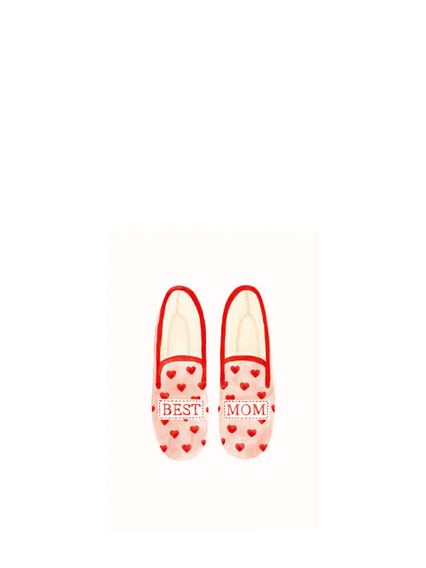 Pair of red and pink house shoes or slipper with heart decoration and 'Best' text on left shoe and and 'Mom' text on right the shoe printed on a white Mother's Day greeting card a white background